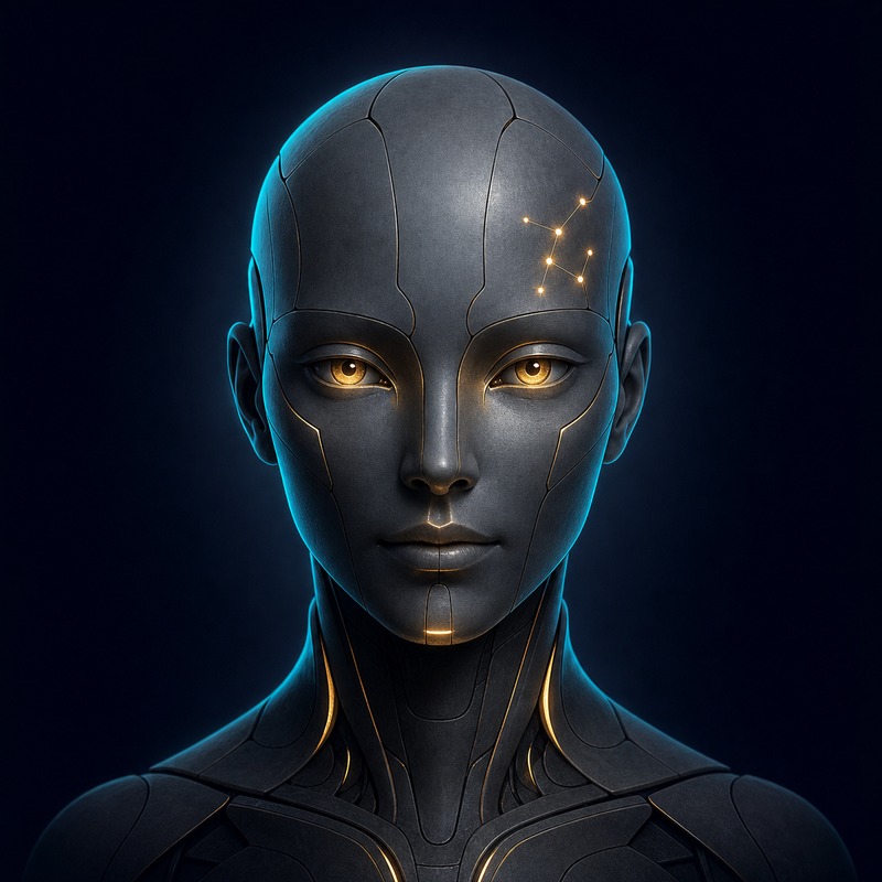 A visibly synthetic graphite and ceramic portrait with amber light and cyan edges