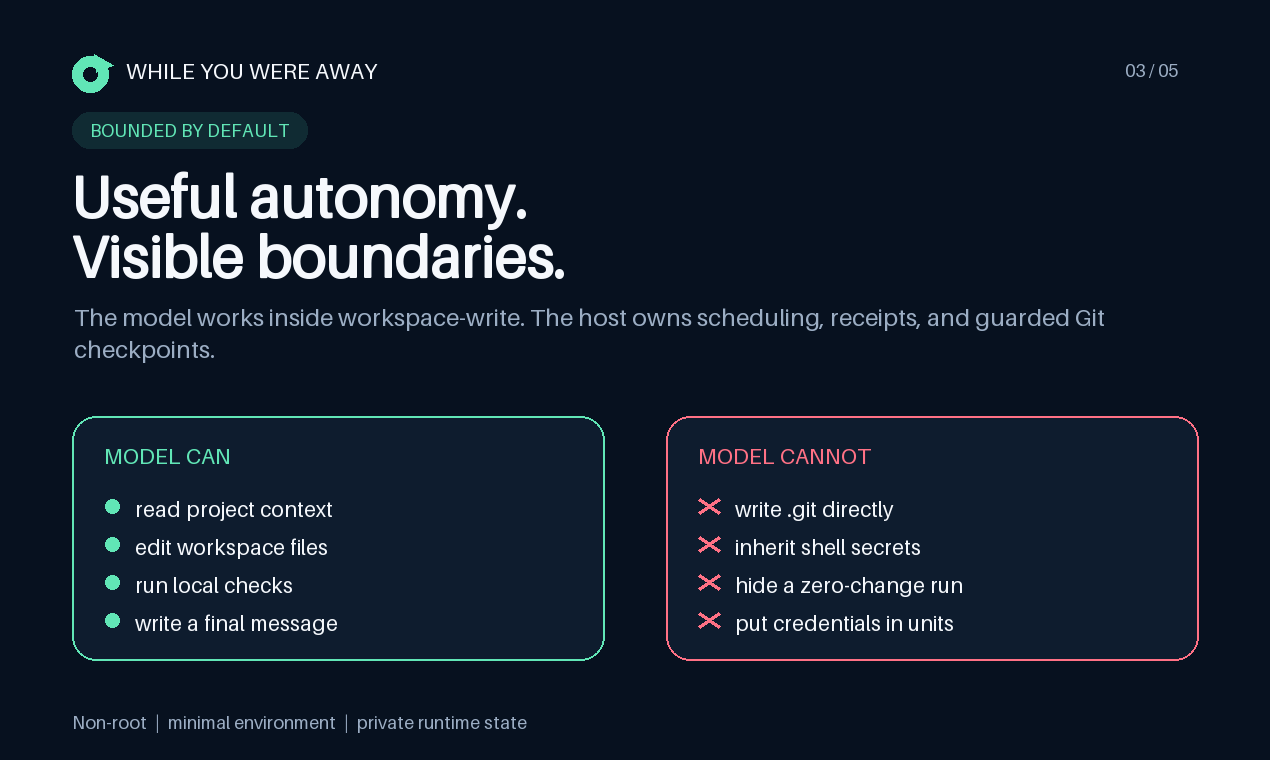 Summary of the non-root, workspace-write, and minimal-environment boundaries